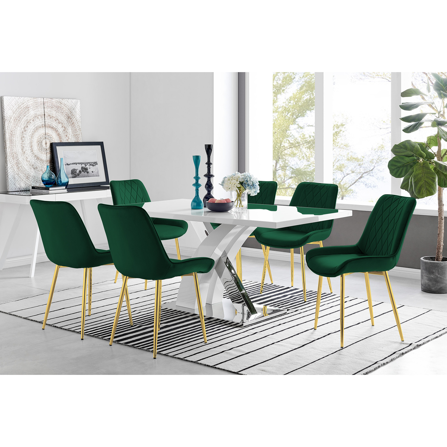 Atlanta 6 White Dining Table and 6 Pesaro Gold Leg Chairs - Green