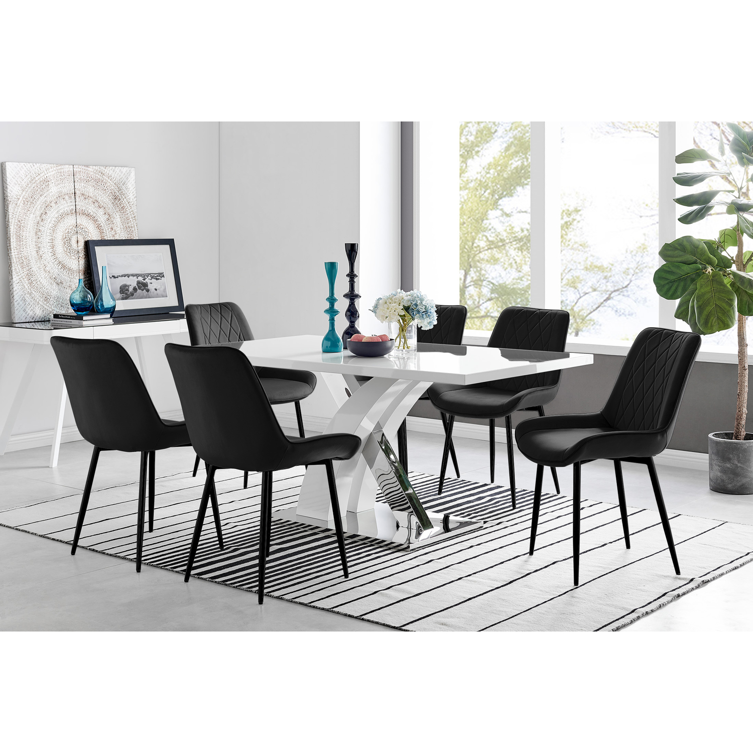 Atlanta 6 White Dining Table and 6 Pesaro Black Leg Chairs - Black