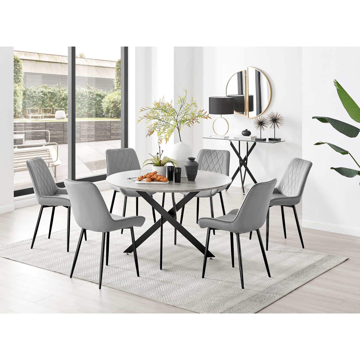 Novara Grey Concrete Black Leg 120cm Dining Table  6 Pesaro Black Leg Chairs - Grey