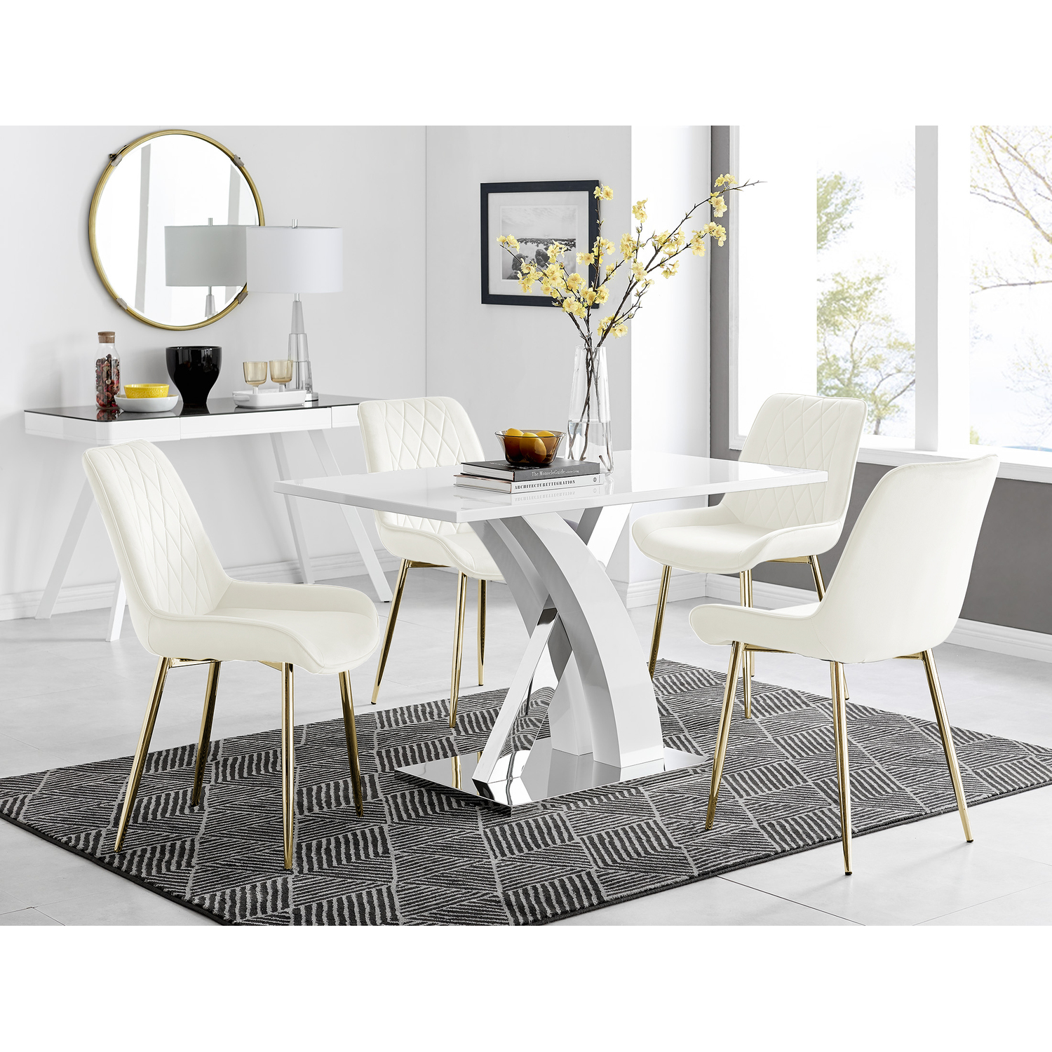 Atlanta 4 White Dining Table and 4 Pesaro Gold Leg Chairs - Cream