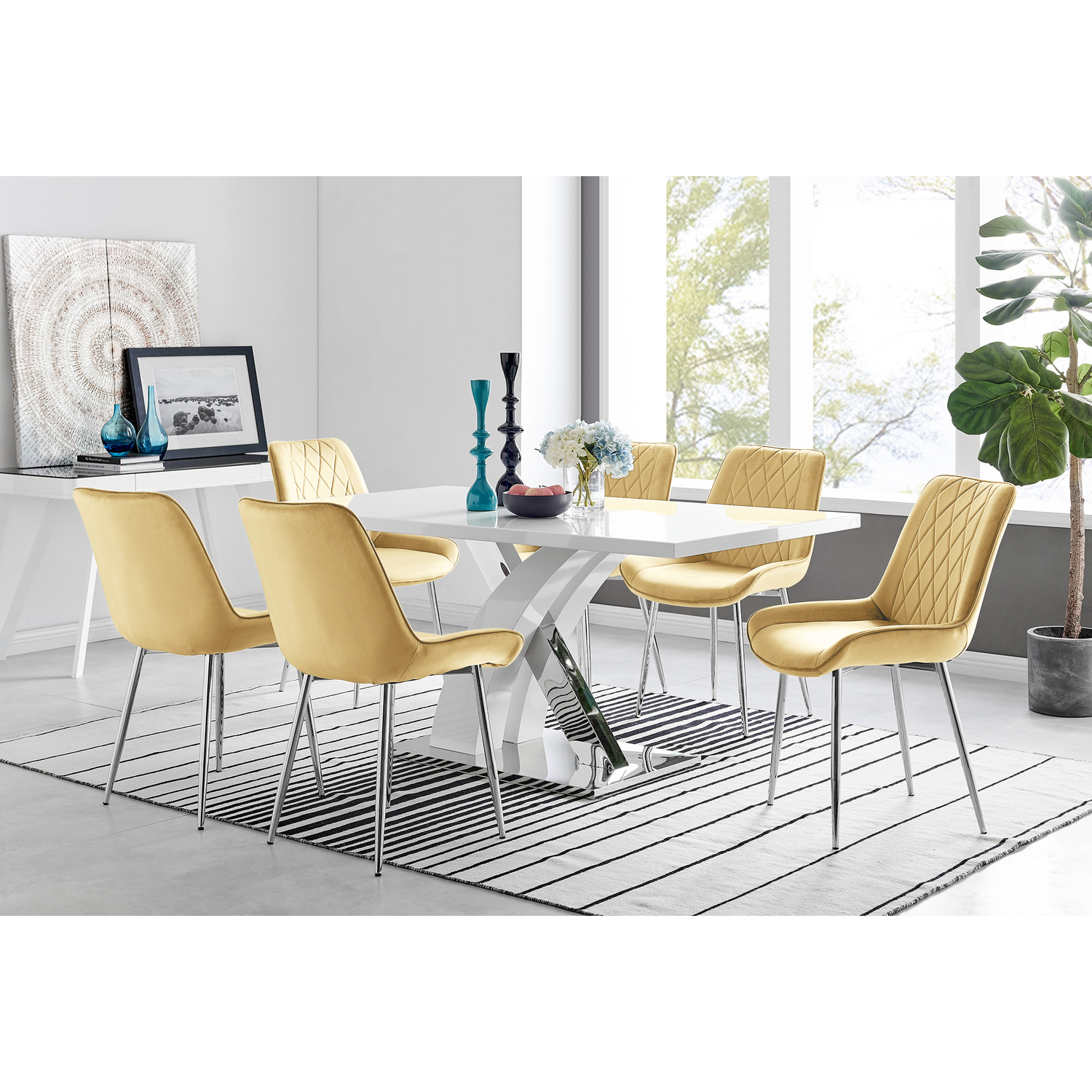 Atlanta 6 White Dining Table and 6 Pesaro Silver Leg Chairs - Mustard