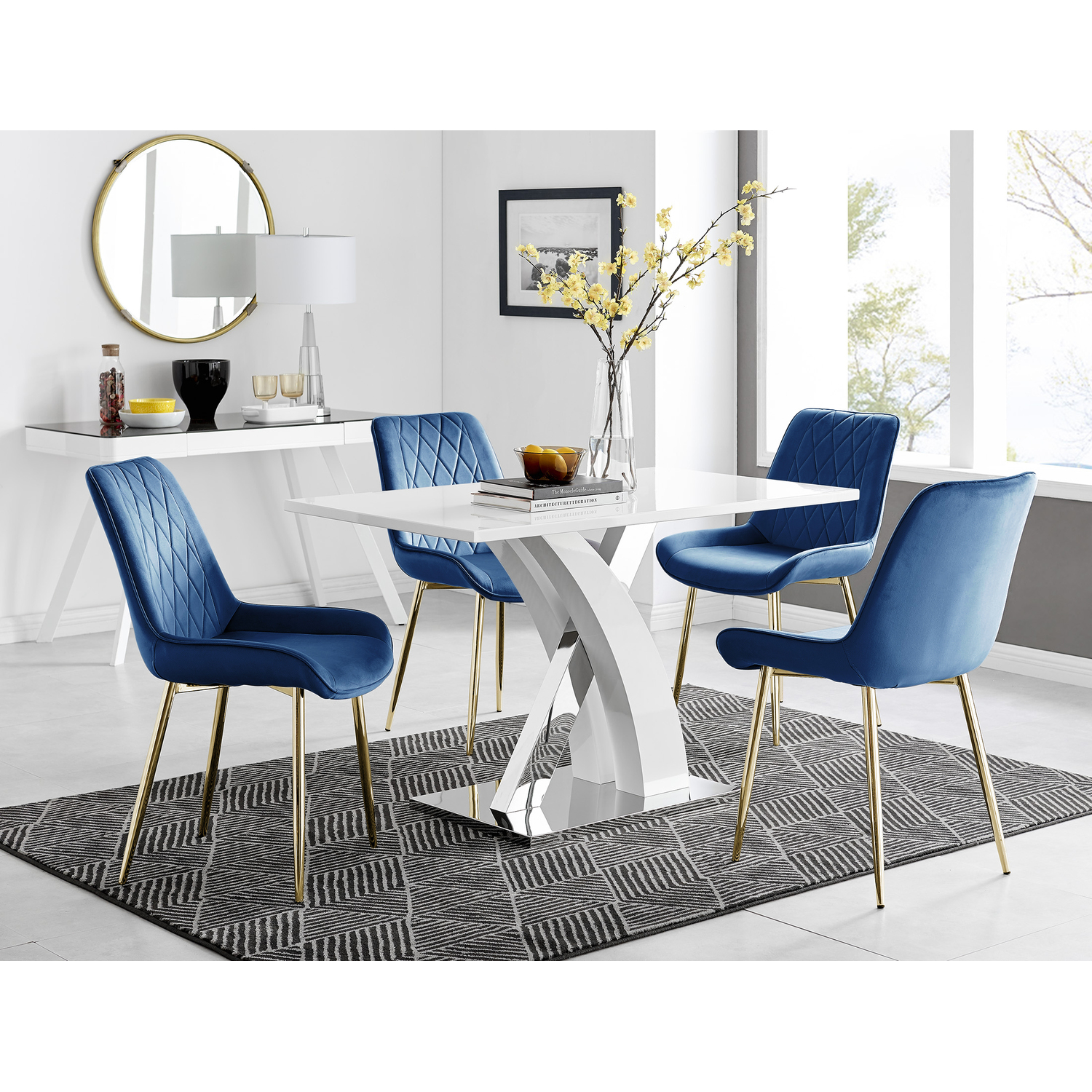 Atlanta 4 White Dining Table and 4 Pesaro Gold Leg Chairs - Navy