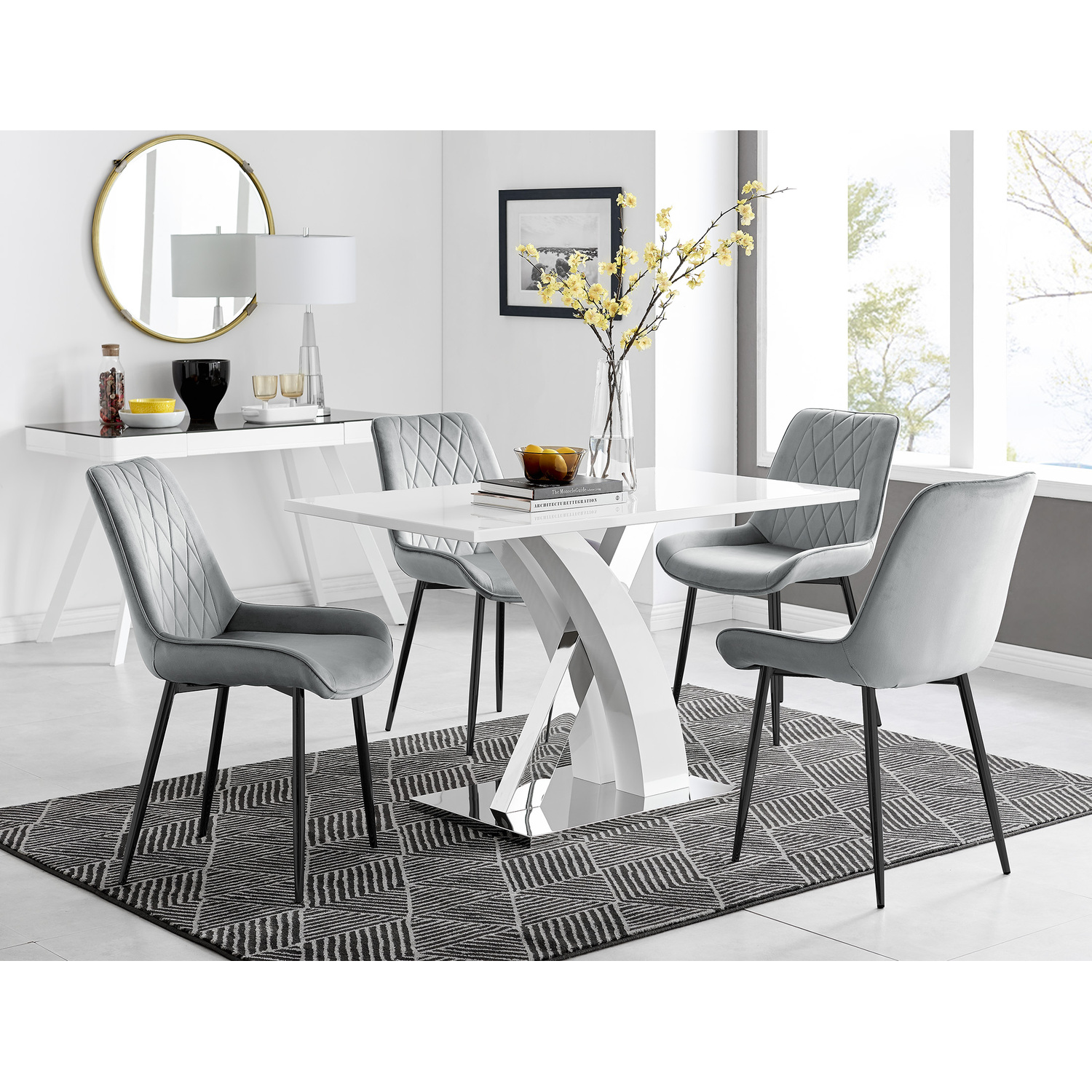 Atlanta 4 White Dining Table and 4 Pesaro Black Leg Chairs - Grey