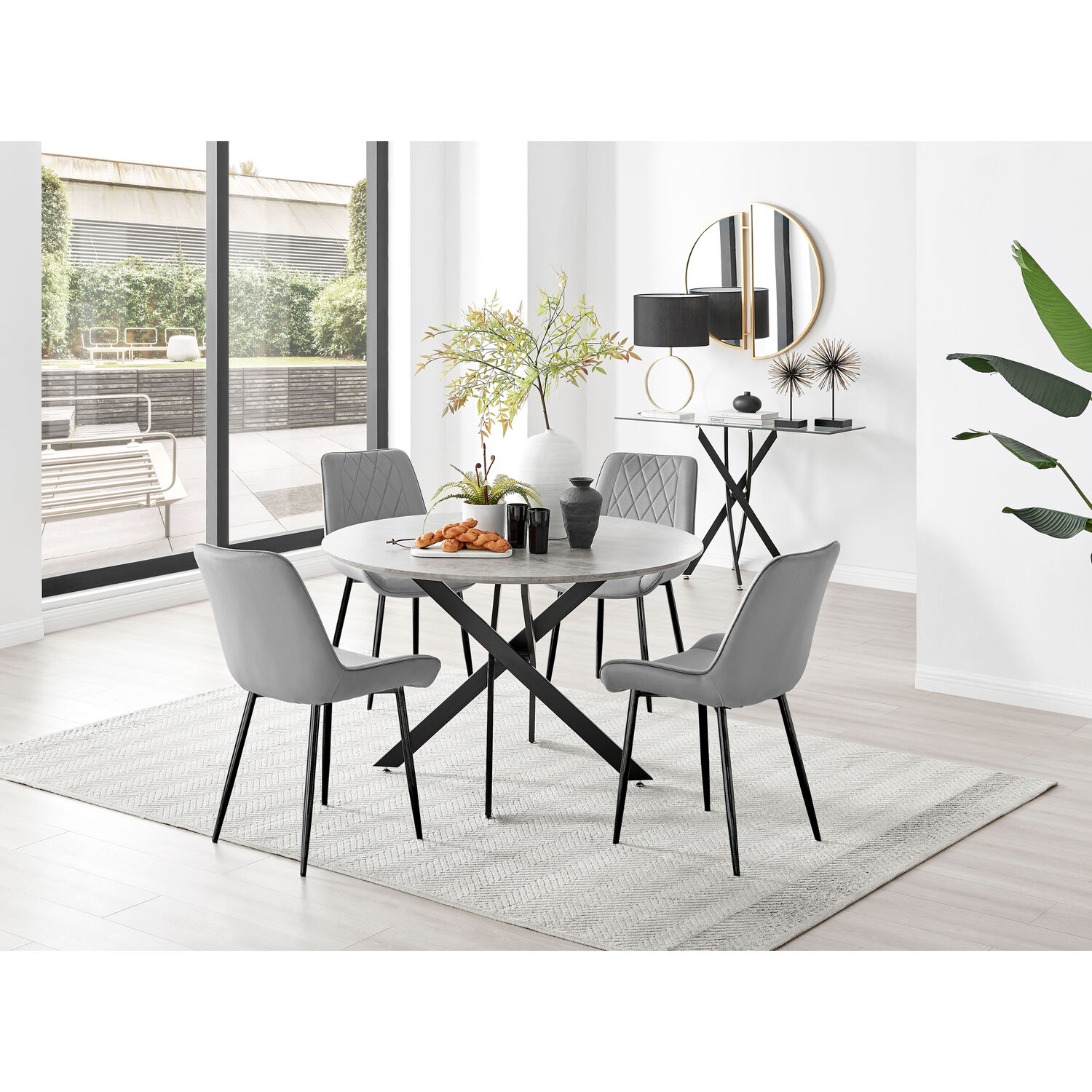 Novara Grey Concrete Black Leg 120cm Dining Table  4 Pesaro Black Leg Chairs - Grey
