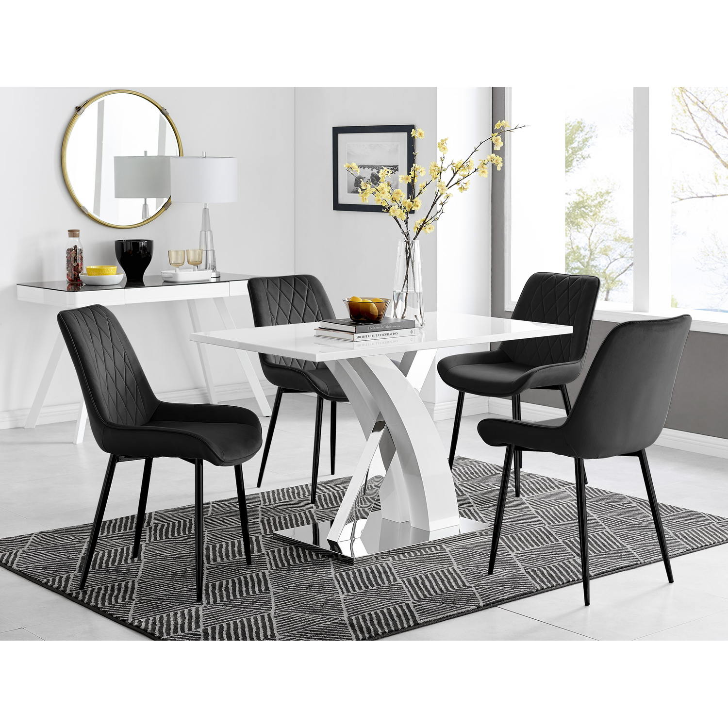 Atlanta 4 White Dining Table and 4 Pesaro Black Leg Chairs - Black