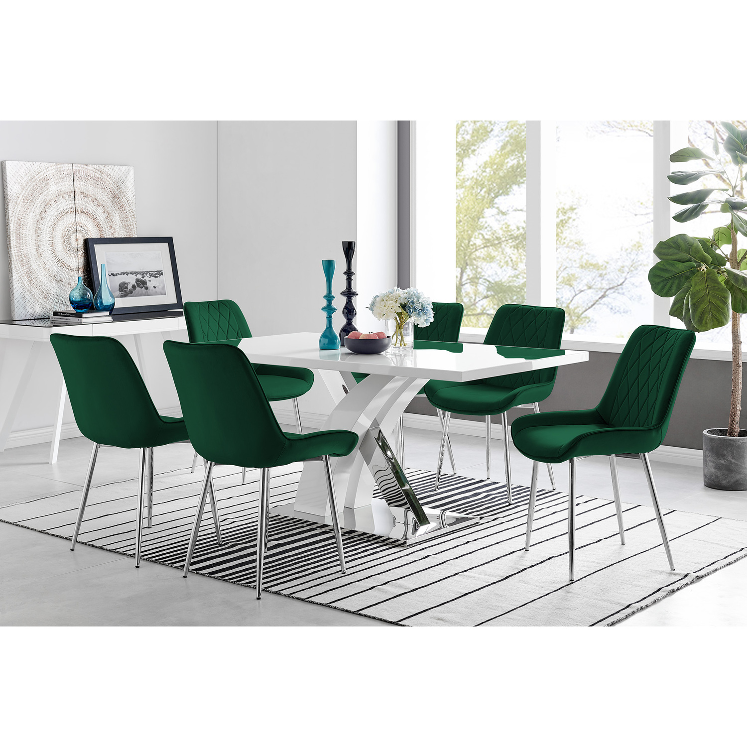 Atlanta 6 White Dining Table and 6 Pesaro Silver Leg Chairs - Green